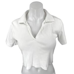 Zara Women's White Rib Knit Short Sleeve Collar V-neck Crop Sweater Top Size L